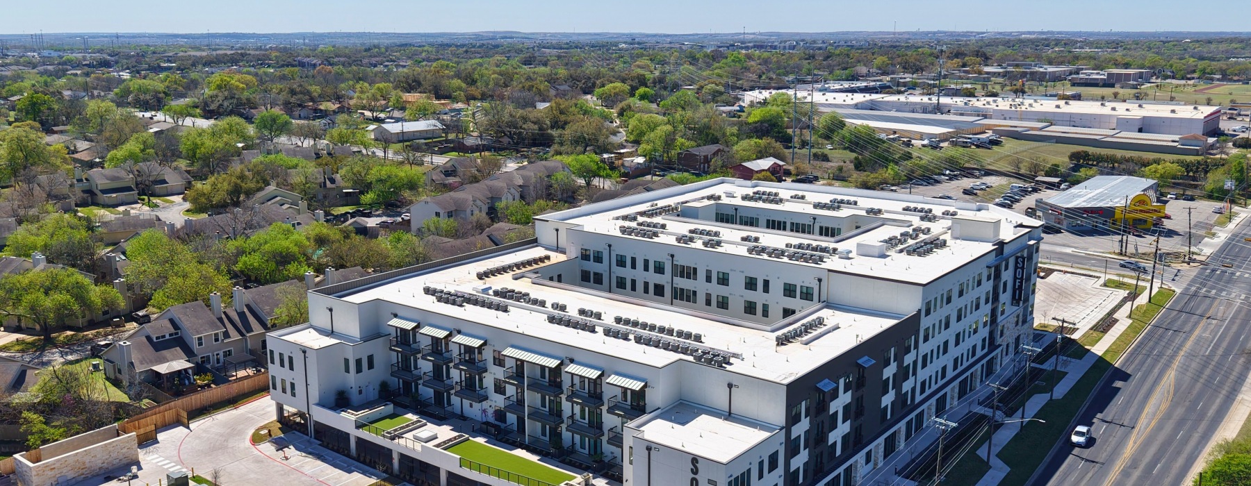 Exterior view of SOFI apartments near Austin airport