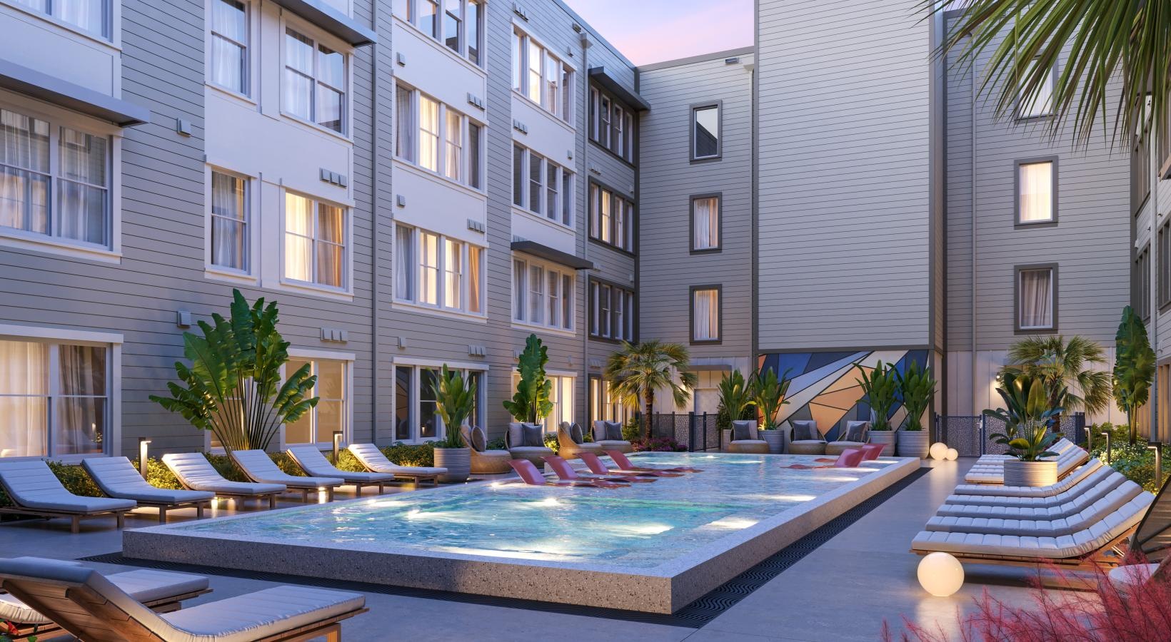 Sparkling swimming pool a building with a pool in the front